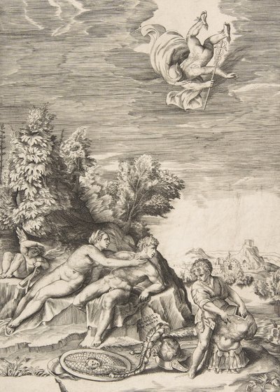 Kalypso versucht, Odysseus zurückzuhalten, während ein Kind rechts seine Rüstung vorbereitet und Merkur fällt, 1531-76 von Giulio Bonasone