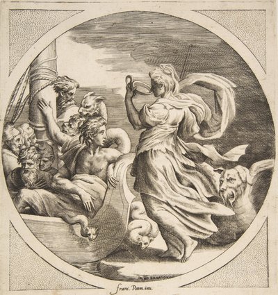 Circe trinkt aus einem Becher mit den Gefährten des Odysseus in einem Boot links, ein Kreis, 1531-1576 von Giulio Bonasone