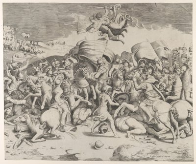 Konstantin besiegt den Tyrannen Maxentius, Engel tragen Schwerter von Giulio Bonasone