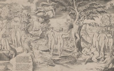 Amor in den Elysischen Feldern an einen Baum gebunden, umgeben von vielen Figuren von Giulio Bonasone