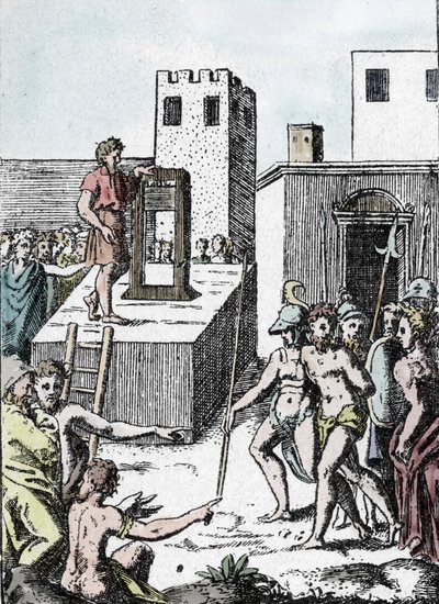 Todesstrafe: die Hinrichtung eines Todesurteils mit dem Vorläufer der Guillotine (Mannaia) in Italien, entworfen von Achille Bocchi, 1555 (Gravur von Giulio Buonasone) von Giulio Bonasone