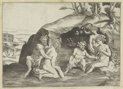 Drei Nymphen und zwei Satyrn beim Baden von Giulio Bonasone