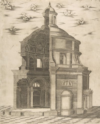 Außen- und Innenansicht eines Tempels in Rom, der Neptun gewidmet ist von Giulio Bonasone