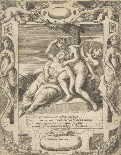 Ixion umarmt eine Wolke, denkt es sei Juno, Amor rechts, in einem aufwändigen... von Giulio Bonasone