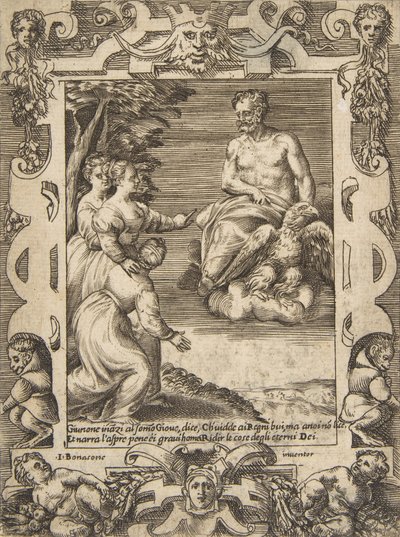 Juno links bittet Jupiter, den Griechen zu helfen, in einem aufwendigen Rahmen, 1531-76 von Giulio Bonasone