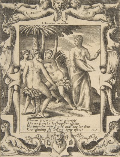 Juno rechts, die zu den Schicksalsgöttinnen spricht, in einem aufwendigen Rahmen, 1531-76 von Giulio Bonasone