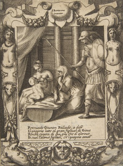 Juno überredet Athena, den jungen Herkules zu stillen, in einem aufwendigen Rahmen, aus von Giulio Bonasone