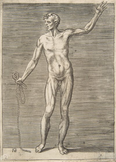 Mann von vorne gesehen, hält ein Seil in der rechten Hand, 16. Jahrhundert von Giulio Bonasone
