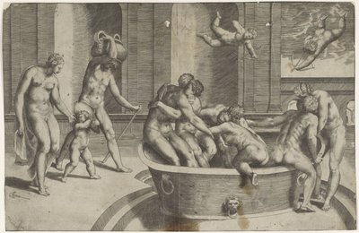 Männer und Frauen in großer Badewanne von Giulio Bonasone