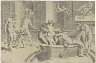 Männer und Frauen in großer Badewanne von Giulio Bonasone