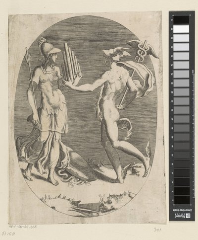 Merkur gibt Minerva eine Panflöte von Giulio Bonasone