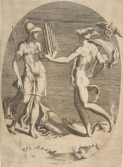 Merkur überreicht Minerva eine Panflöte, die links steht, eine ovale Komposition von Giulio Bonasone