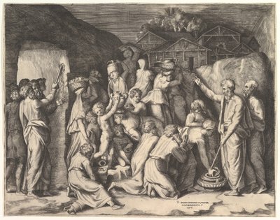 Moses sagt den Israeliten, sie sollen das Manna sammeln und Moses schlägt den Felsen von Giulio Bonasone