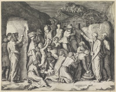 Moses befiehlt den Israeliten, das Manna zu sammeln, und schlägt Wasser aus dem Felsen von Giulio Bonasone