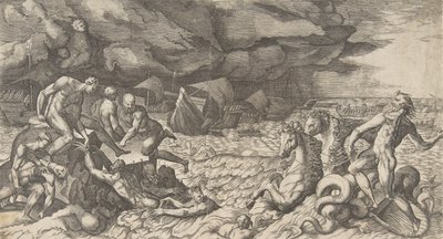 Neptun beruhigt den Sturm, den Aeolus gegen die Flotte des Aeneas entfesselt hat von Giulio Bonasone