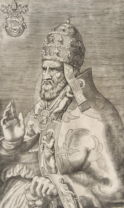 Porträt von Papst Marcellus II., rechte Hand erhoben, nach links gewandt, ca. 1555 von Giulio Bonasone
