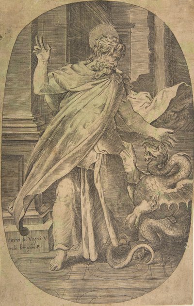 St. Paul überwindet die Viper, in einer architektonischen Umgebung, eine ovale Komposition, ca. 1540-70 von Giulio Bonasone