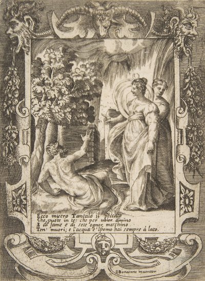 Tantalus links spricht mit Diana rechts, in einem aufwendigen Rahmen von Giulio Bonasone