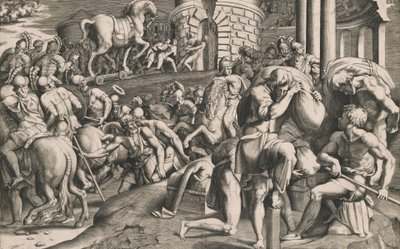 Die Trojaner ziehen das hölzerne Pferd in die Stadt, 1545 von Giulio Bonasone