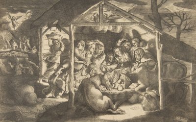 Die Anbetung der Hirten, verschiedene Figuren um das Christkind in der Mitte..., 1531-76 von Giulio Bonasone