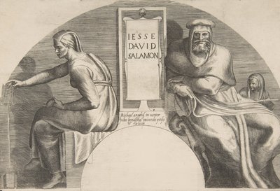 Die Vorfahren Christi flankieren eine beschriftete Tafel, eine Komposition mit gewölbtem Oberteil von Giulio Bonasone