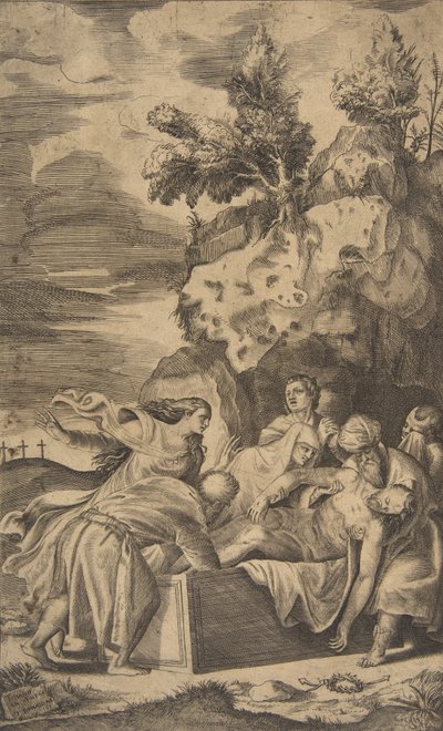 Die Grablegung Christi, die Kreuze auf Golgatha im linken Hintergrund sichtbar von Giulio Bonasone