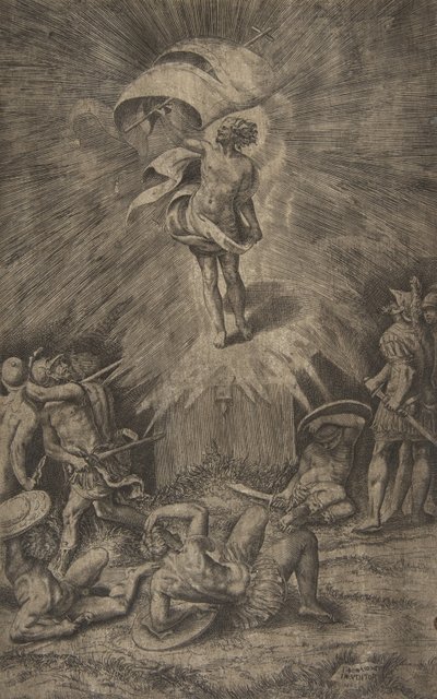 Die Auferstehung Christi, der in seiner rechten Hand ein Banner hält, umgeben von Soldaten..., 1561 von Giulio Bonasone