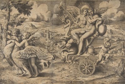 Der Triumph von Amor und Psyche, die auf einem von zwei Vögeln gezogenen Wagen sitzen, ca. 1550-67 von Giulio Bonasone
