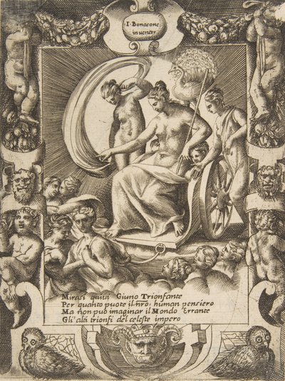 Der Triumph der Juno, die in einem Wagen sitzt, in einem aufwendigen Rahmen, 1531-76 von Giulio Bonasone