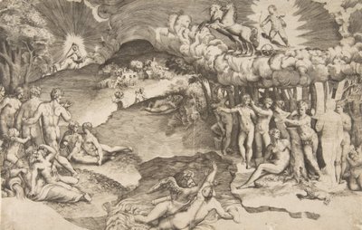 Der Triumph der Liebe, Amor reitet auf einem von Einhörnern gezogenen Wagen von Giulio Bonasone