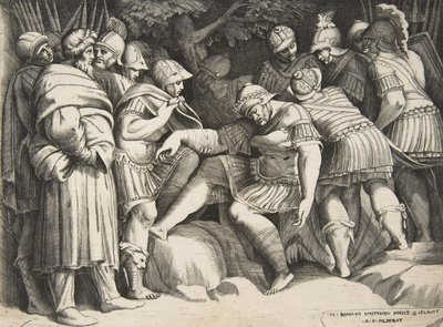 Der verwundete Soldat Scipio in der Mitte umgeben von Figuren, 1531-76 von Giulio Bonasone
