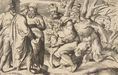 Zwei Satyrn bringen Silenus, König Midas steht links, 1531-76 von Giulio Bonasone