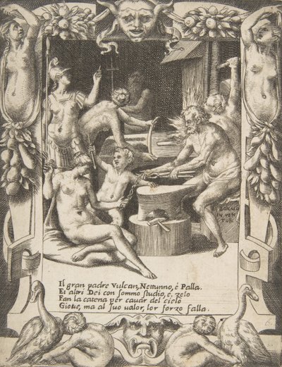 Vulkan, Neptun, Athene und andere Götter schmieden Fesseln, um Jupiter aus dem Himmel zu ziehen von Giulio Bonasone