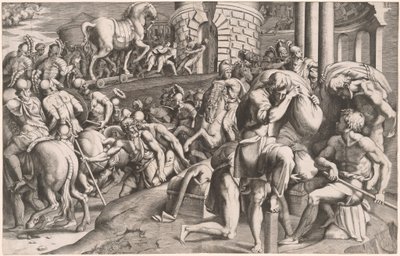 Die Trojaner ziehen das hölzerne Pferd nach Troja von Giulio Bonasone, after Francesco Primaticcio