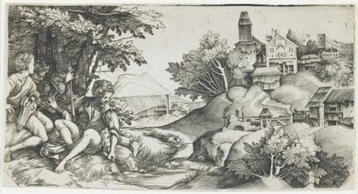Hirten in einer Landschaft von Giulio Campagnola