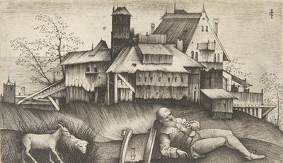 Der alte Schäfer liegt in einer Landschaft, Gebäude im Hintergrund, eine Ziege und ein Schaf, ca. 1500-1515 von Giulio Campagnola