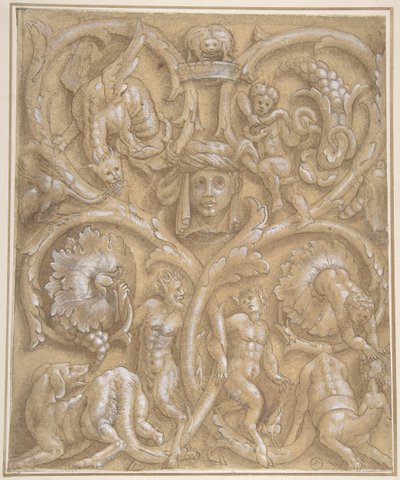 Entwurf für ein Zierpanel mit Rinceaux, Satyrn, Putti, Monstern und einem menschlichen Kopf, 1535-45 von Giulio Campi.