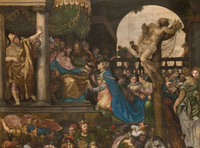 Wand gegenüber der Gegenfassade des südlichen Querschiffs, Giuseppe Campi, Triumph von Mordecai 1567, Detail obere Teil von Giulio Campi