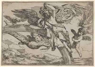 Luft, dargestellt von Iris, die auf ihrem Regenbogen ruht, begleitet von einem geflügelten Putto von Giulio Carpioni