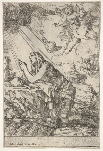 Die reuige Magdalena kniet auf felsigem Boden vor einem Schädel und Knochen, eine Salbe ..., ca. 1640-55 von Giulio Carpioni