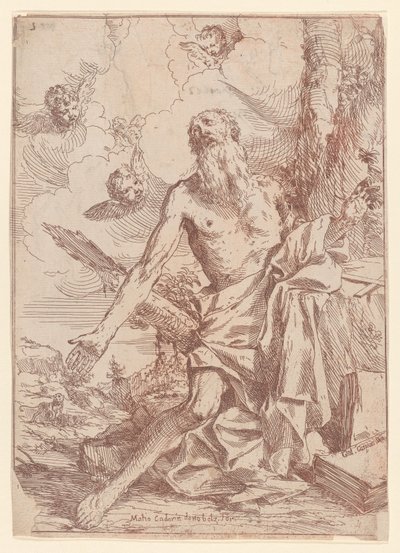 Der heilige Hieronymus kniet neben einem Baum mit ausgestreckten Armen von Giulio Carpioni