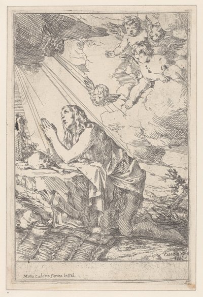 Die reuige Heilige Maria Magdalena, kniend vor einem Schädel und Knochen, 1640-60 von Giulio Carpioni