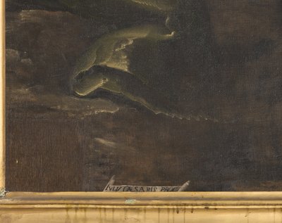 Signatur, Detail, Jungfrau Maria mit Kind und Heiliger Firmus und Heiliger Rusticus (Detail) von Giulio Cesare Procaccini