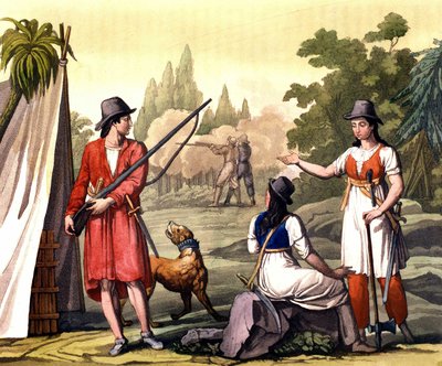 Bukanier und Frauen Freibeuter: der Pirat Jack Rackham genannt der Rote oder John Rackham, besser bekannt als Calico Jack (? -1720) dargestellt mit Anne Bonny (Bonney) und Mary (Marc) Read in Westindien. Tafel aus „Das alte und moderne Kostüm“ von Ferrario von Giulio Ferrario