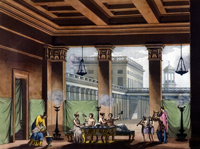 Triclinium mit Öllampen im antiken Griechenland: Bankettszene - aus „Das alte und moderne Kostüm“ von Jules Ferrario, Mailand von Giulio Ferrario
