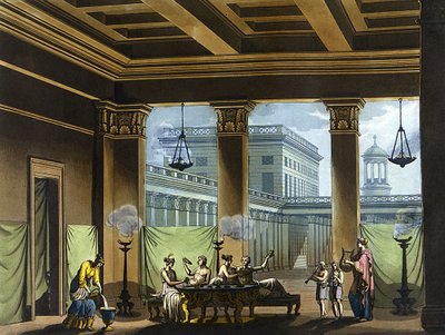Triklinium beleuchtet mit Öllampen im antiken Griechenland: Bankettszene - in Le costume ancien et moderne von Jules Ferrario, ed. Mailand von Giulio Ferrario