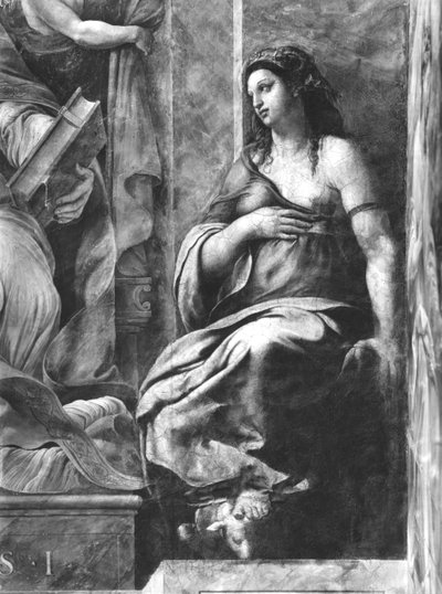 Barmherzigkeit, eine der zwei Tugenden um Papst Clemens I. (1-97), Raphael-Räume (Detail) von Giulio Romano