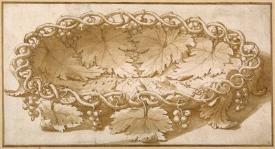 Design für eine ovale Obstschale mit Weintendrilen, Blättern und Trauben von Giulio Romano