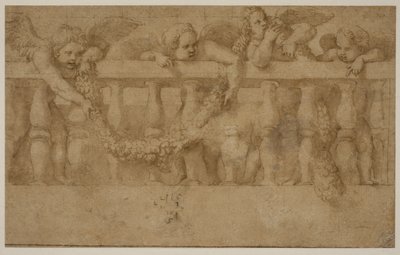 Vier geflügelte Putti dekorieren ein Geländer mit Girlanden von Giulio Romano