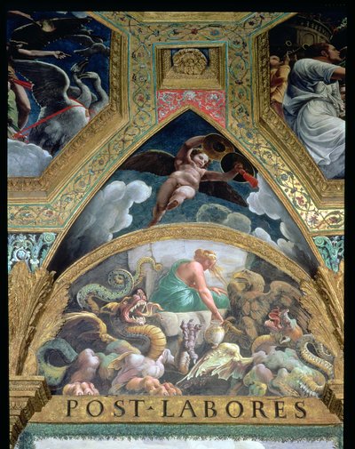 Lunette, die Psyche darstellt, wie sie eine von Venus gestellte Aufgabe erfüllt, aus der Unterwelt ein Gefäß mit der Schönheit von Proserpina zu holen von Giulio Romano